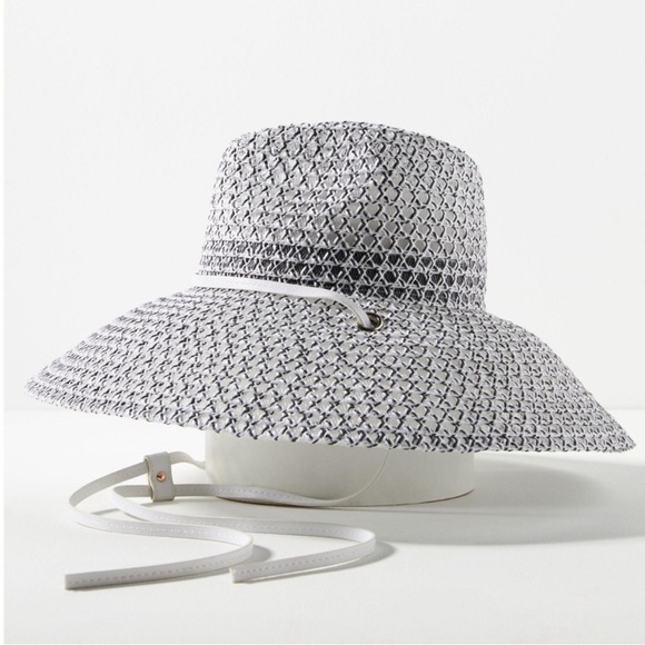 Anthropologie Sheer Navy White Sheer Lifeguard Rancher Woven Sun Beach Pool Hat - Picture 2 of 10